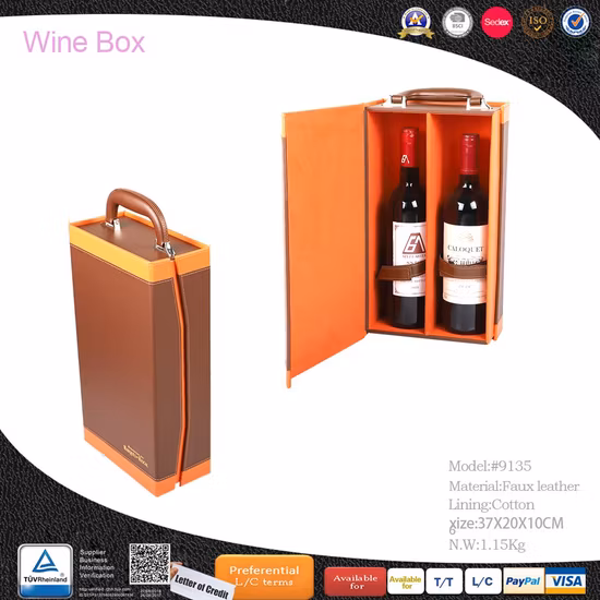 Caja de vino de cuero de lujo, 2 botellas, venta al por mayor, embalaje con accesorios